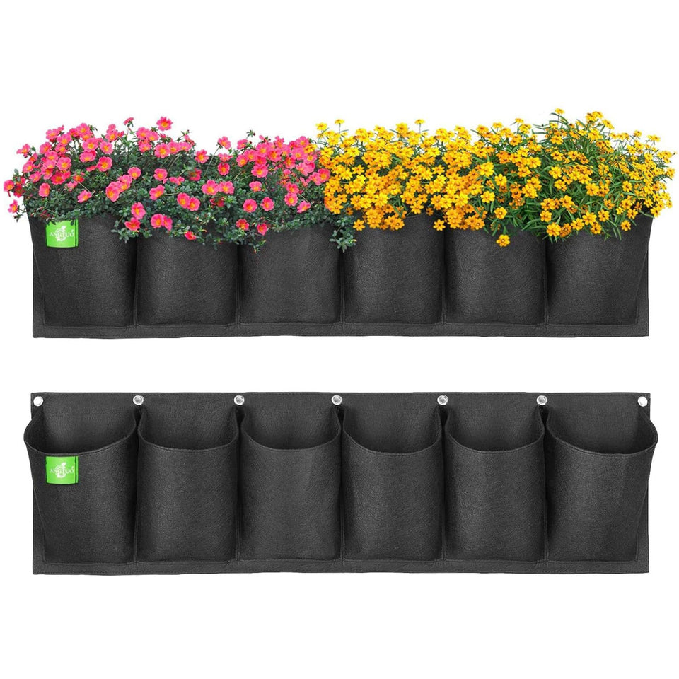 ANGTUO 6-pocket hanging planter close-up highlights breathable felt for healthy plant growth.