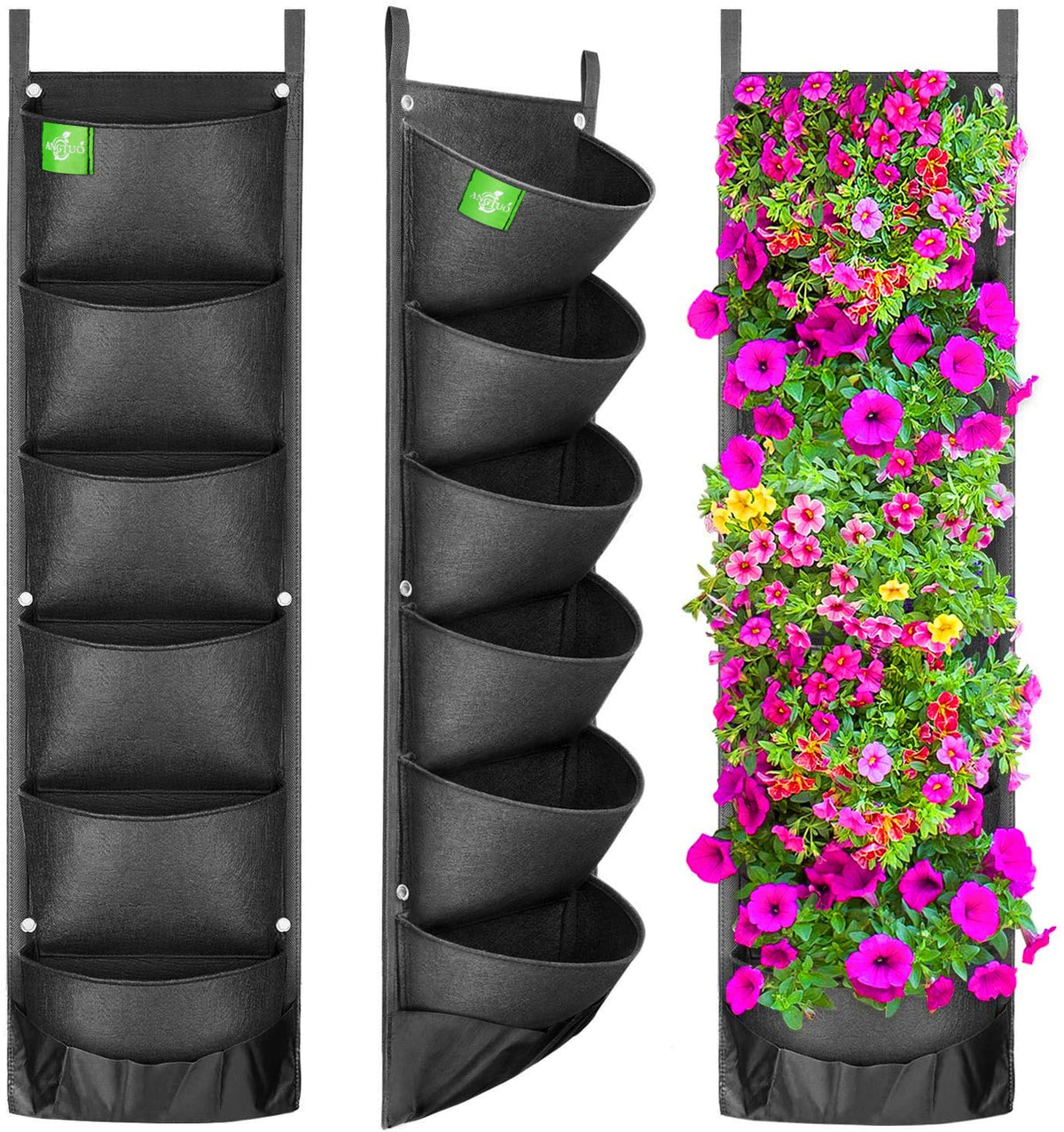 ANGTUO 6-pocket hanging planter on outdoor wall for a compact vertical garden.