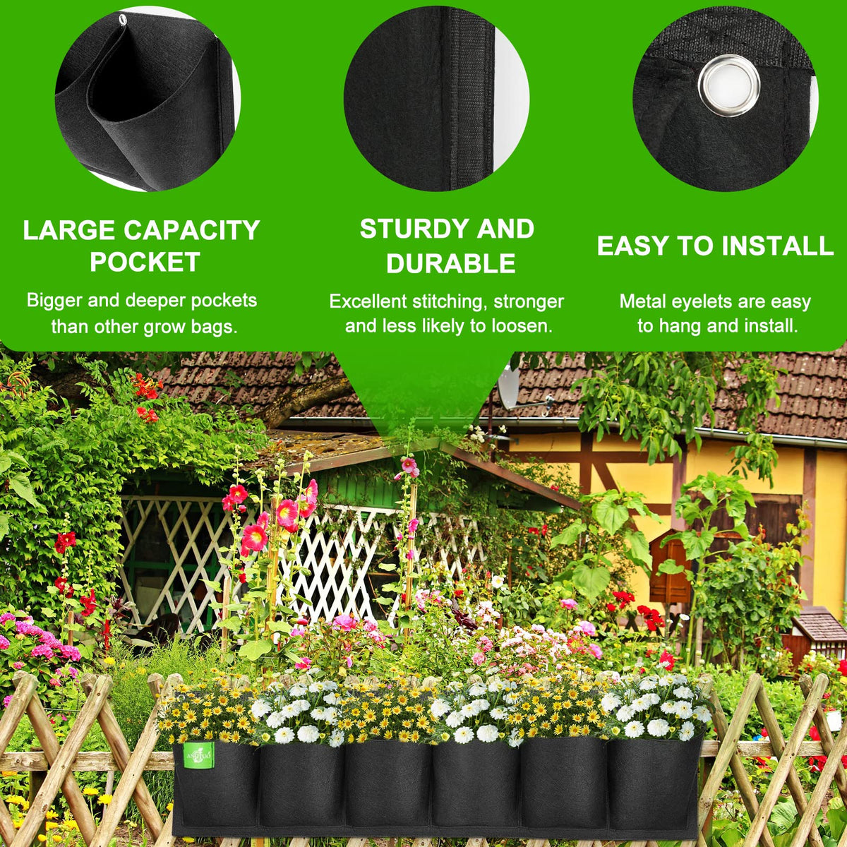 ANGTUO vertical garden on wall shows wider pockets for more growing space.