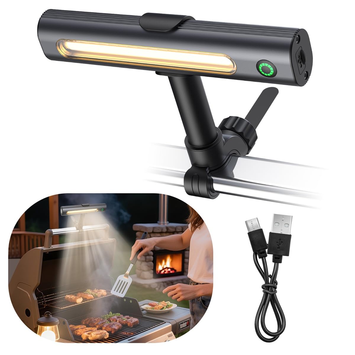 Anicooking 360-degree adjustable grill light directing light across the cooking surface