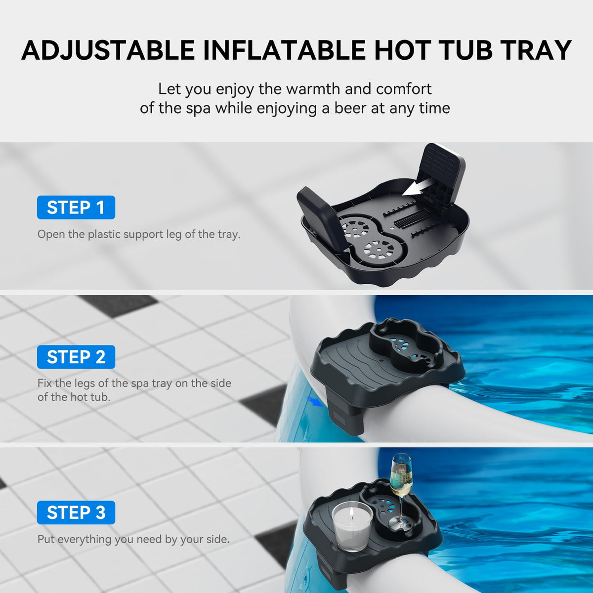 Anivia tray is easy to install on inflatable spa rims for quick setup.