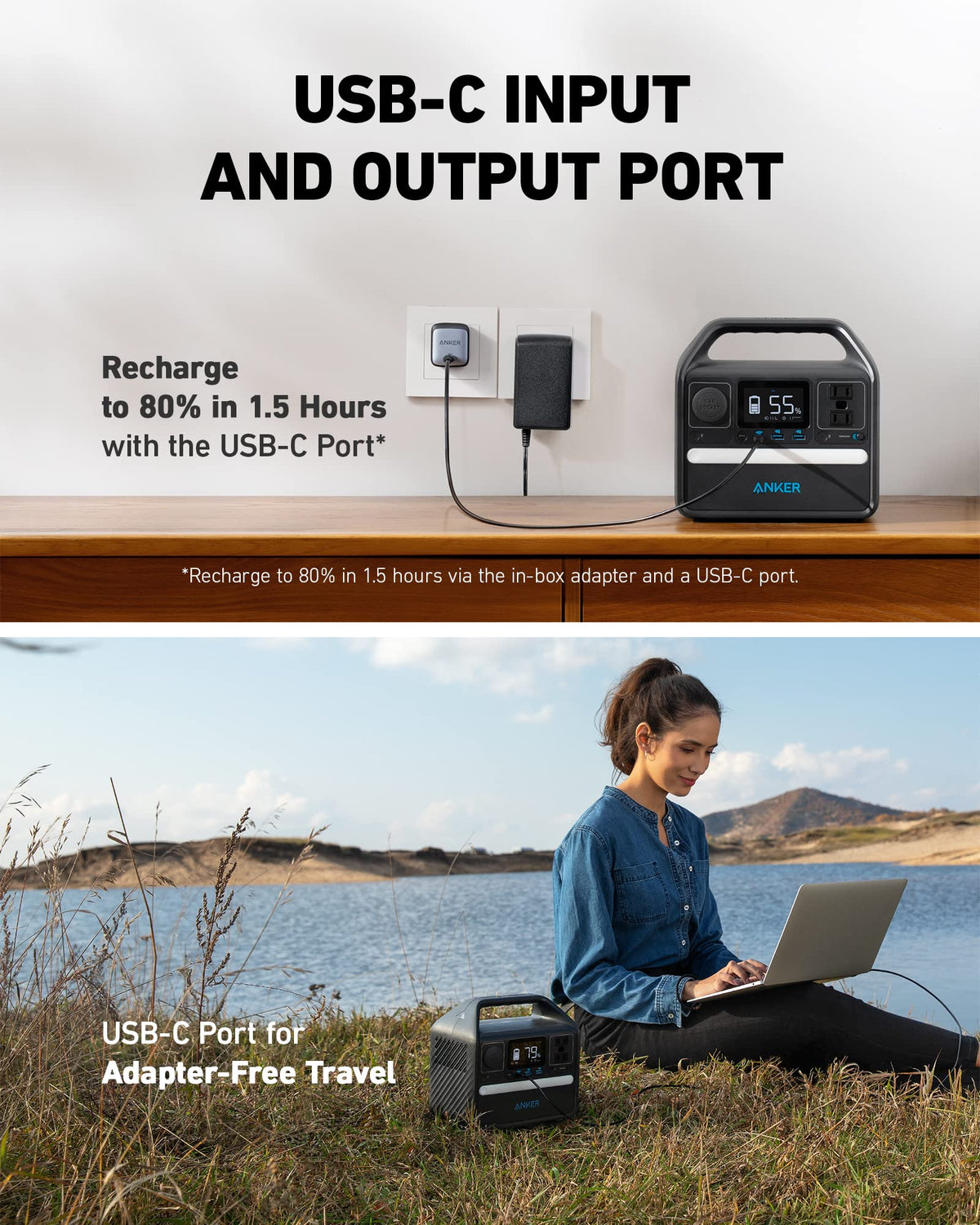 Anker 521 Power Station outdoors powering laptops and devices