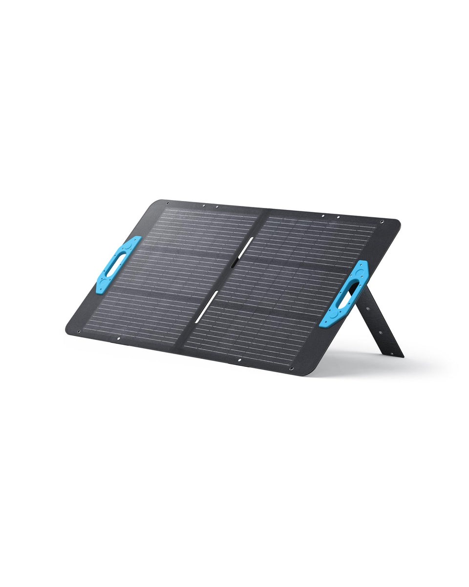 Anker SOLIX PS100 foldable panel ready for travel and camping setups, portable power on the go.