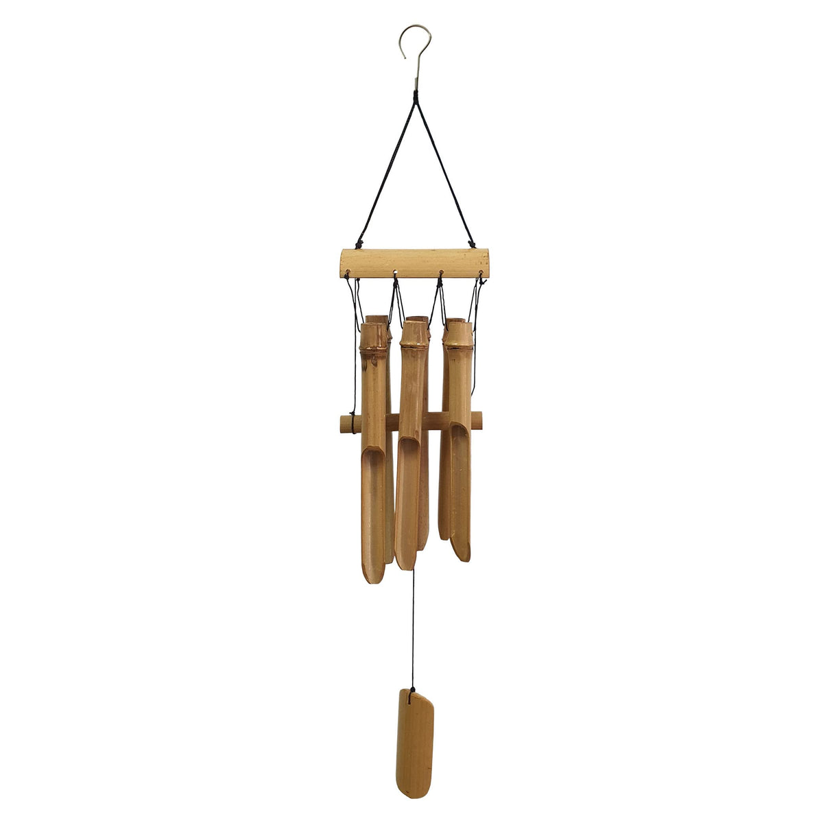 Ankinte bamboo wind chime tubes closeup shows handcrafted detail and natural yellow stain.