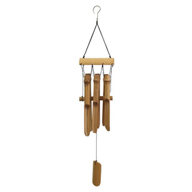 Ankinte bamboo wind chime tubes closeup shows handcrafted detail and natural yellow stain.