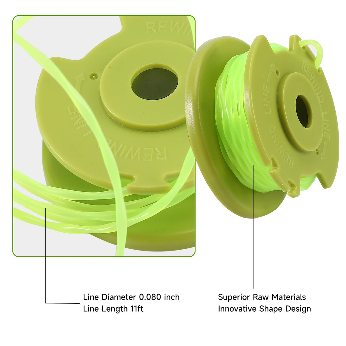 Close-up of AC80RL3 line winding highlighting flexible 0.080 inch line