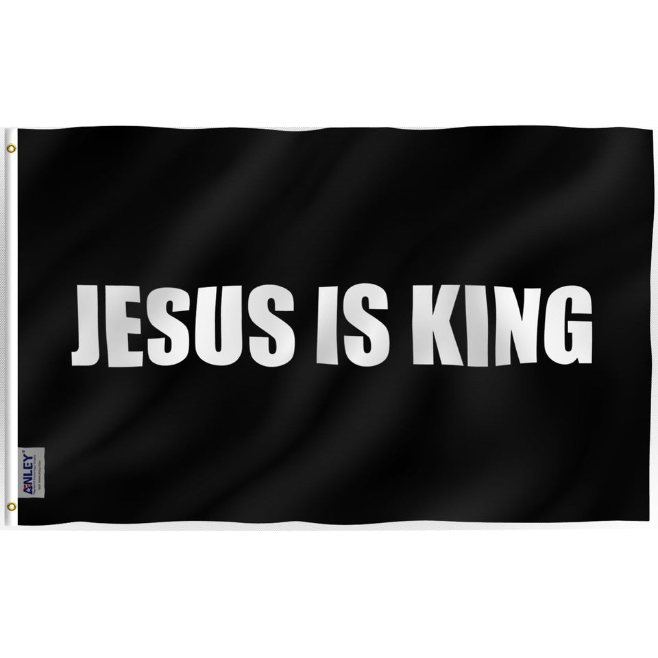 Anley Fly Breeze Jesus is King flag with canvas header for outdoor display