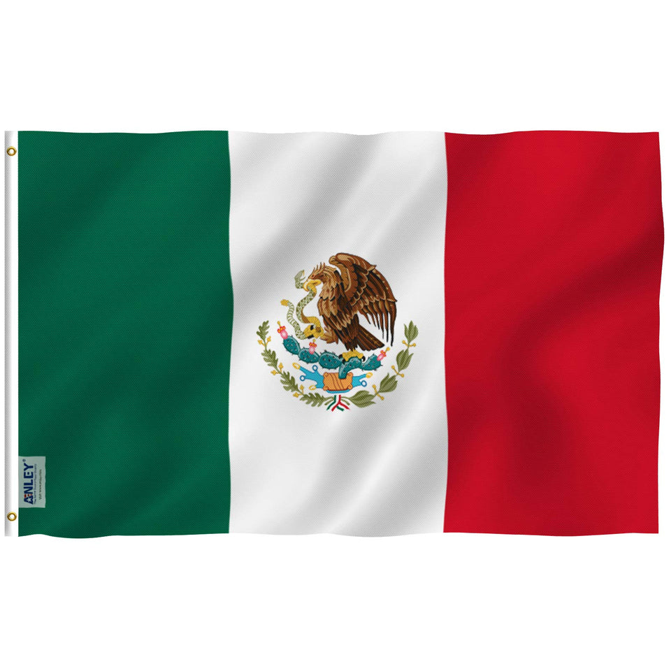 ANLEY Fly Breeze Mexico flag with canvas header close-up, showing durable stitching.