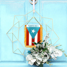 Anley fringed Puerto Rico flag window decor adds vibrant color to your ride.