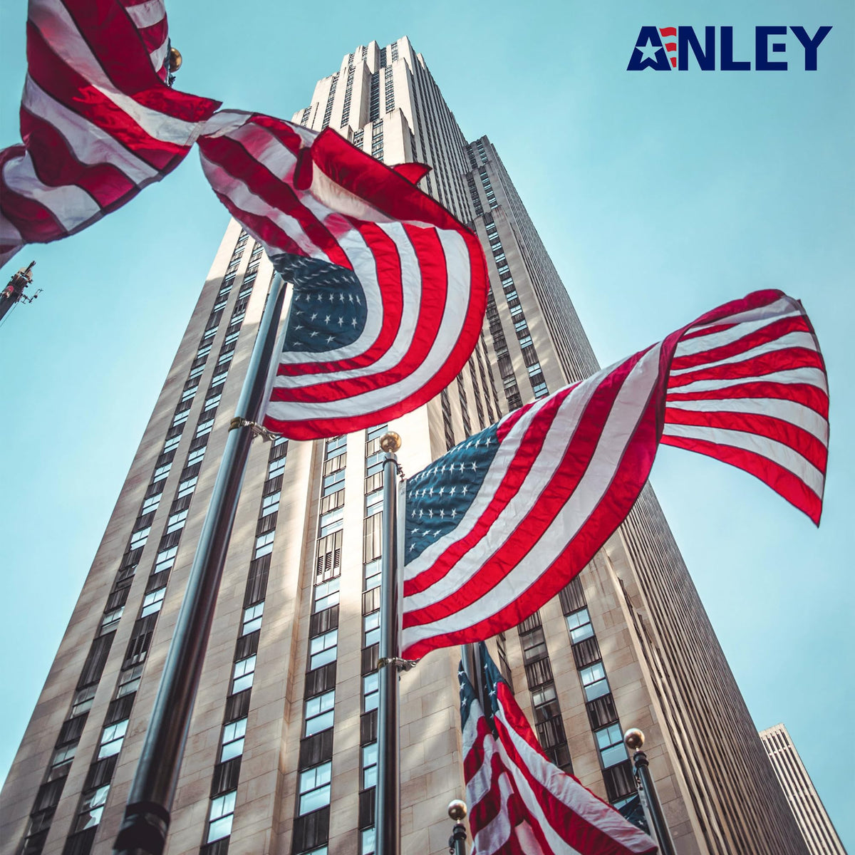 Anley flagpole clip ready with carabiner and silicone strip for secure attachment.