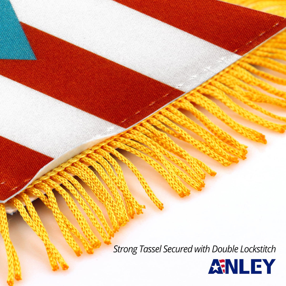 Anley fringed Puerto Rico flag with mirror hanger for easy car mounting.
