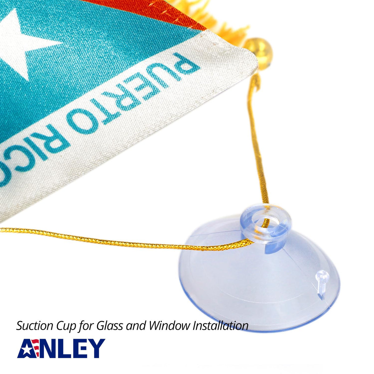 Anley Puerto Rico fringed flag with suction cup hanger for quick attachment.