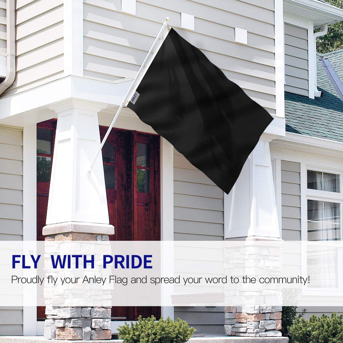 Anley black flag with brass grommets for durable outdoor hanging.