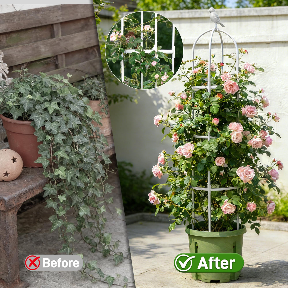 Anothera decorative white obelisk adds garden drama as a vertical centerpiece