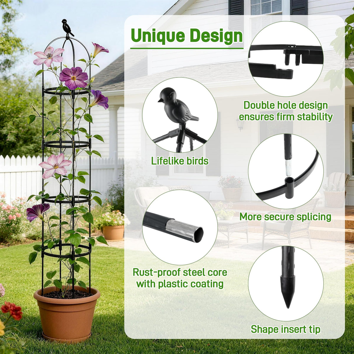 Anothera plastic-coated obelisks protect vines from heat and wear.