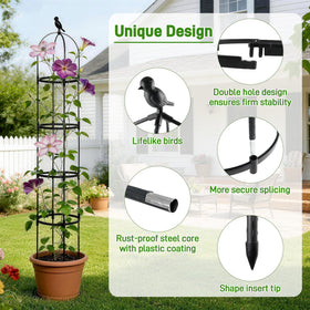 Anothera plastic-coated obelisks protect vines from heat and wear.
