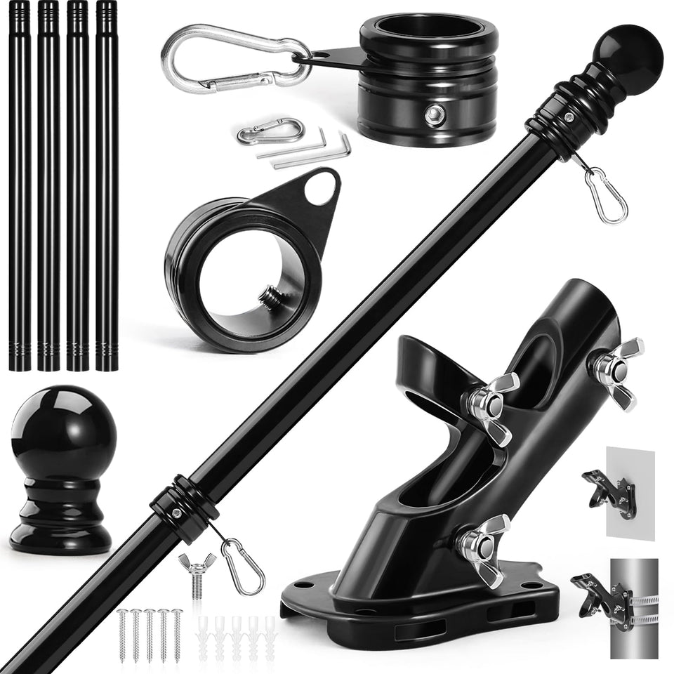 Anovo flag pole kit 5ft black displayed on a porch for outdoor flags.