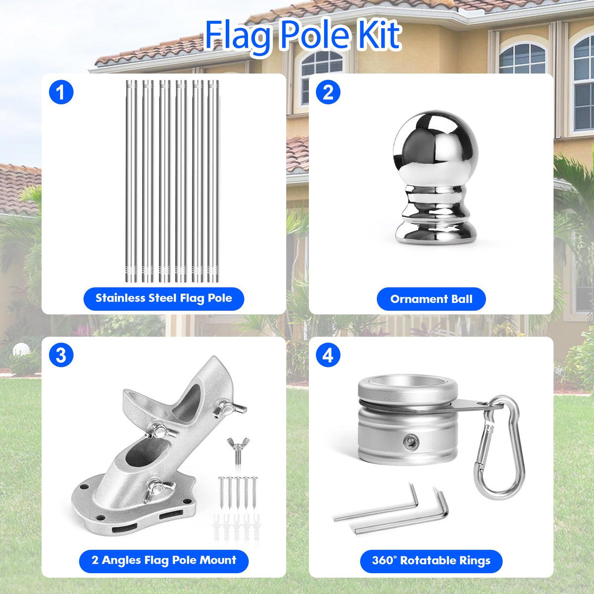 Anovo flag pole kit includes hardware and ball ornament for quick setup.