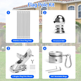 Anovo flag pole kit includes hardware and ball ornament for quick setup.