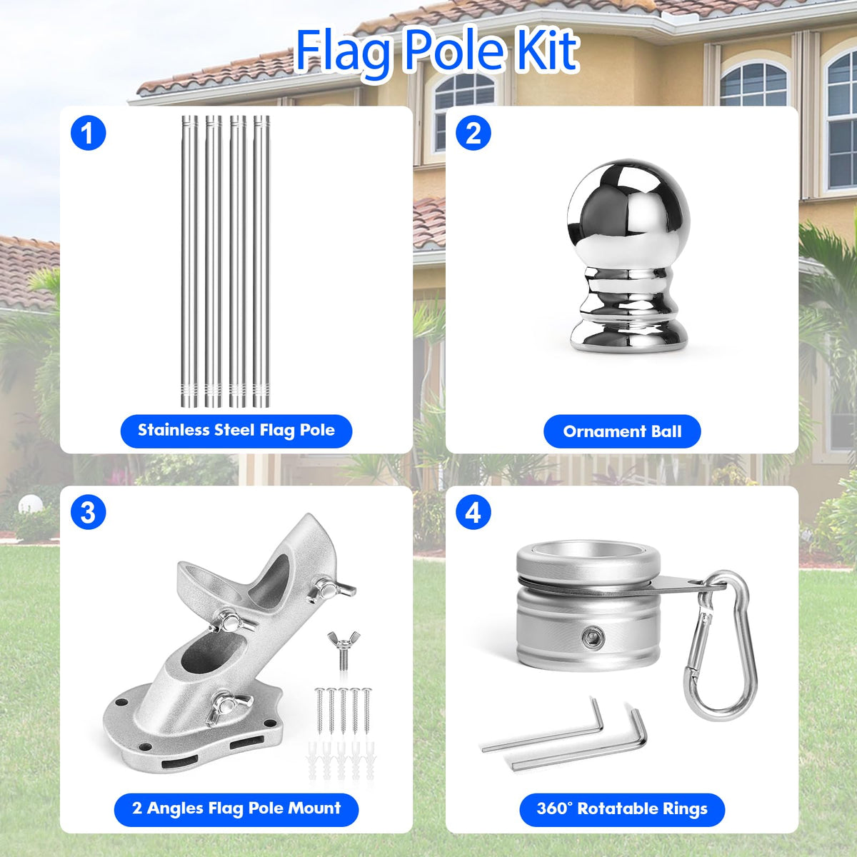 Anovo flag pole kit with slit mounting for easy setup on columns.