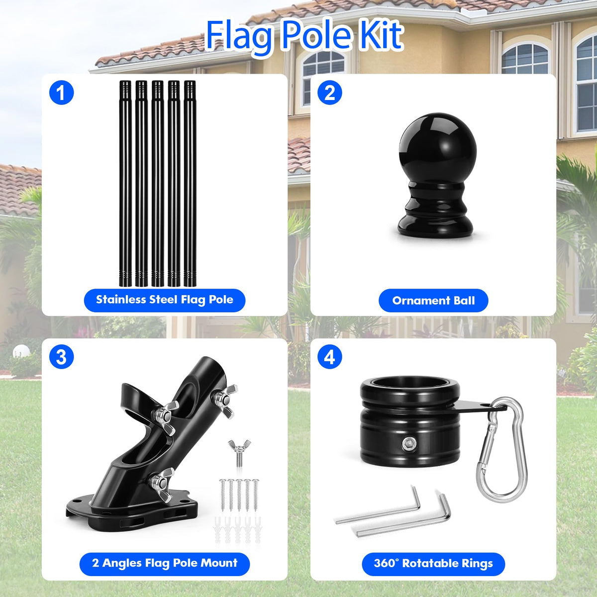 Anovo flag pole kit outdoor wall mount setup shown on exterior surface for quick installation