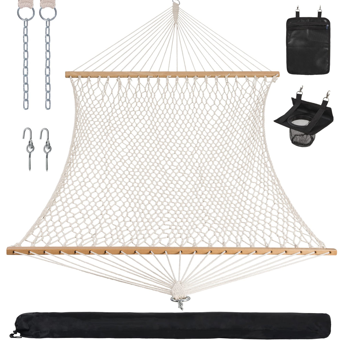 ANOW rope hammock double spreader bar natural wood for outdoor lounging