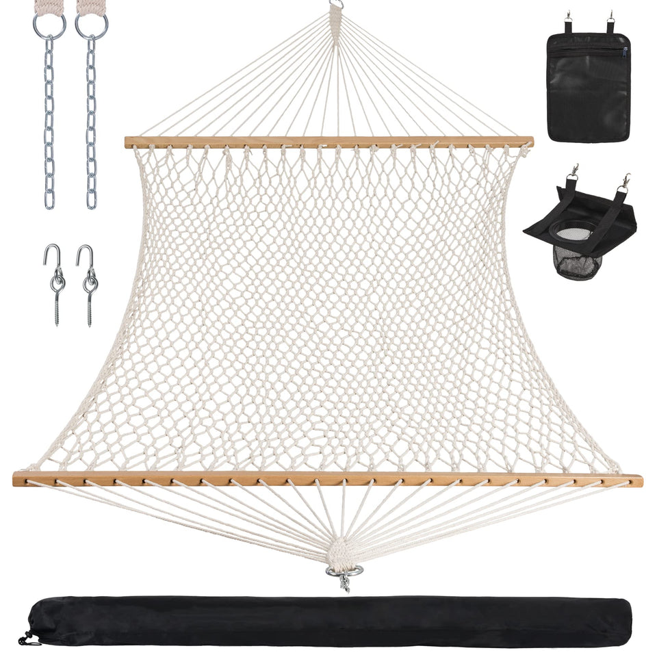 ANOW rope hammock double spreader bar natural wood for outdoor lounging