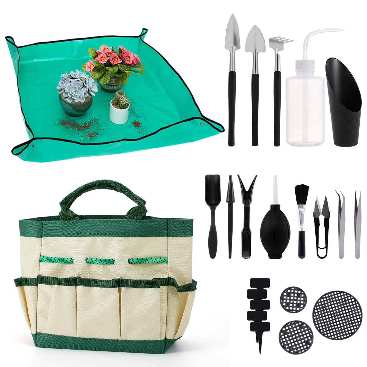 ANPHSIN 44-piece garden tools with tarp mat for indoor transplanting.