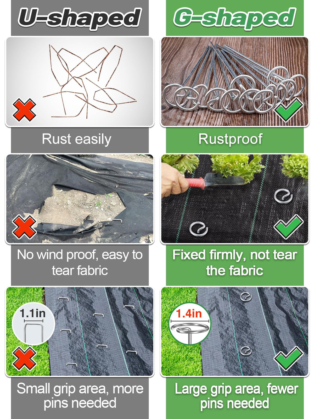 ANPHSIN G-shaped stakes with wide contact reduce fabric tearing during windy days.