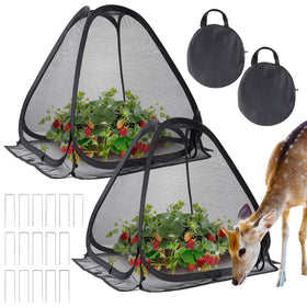 ANPHSIN pop-up mesh tent with eight stakes protects plants from animals and wind.