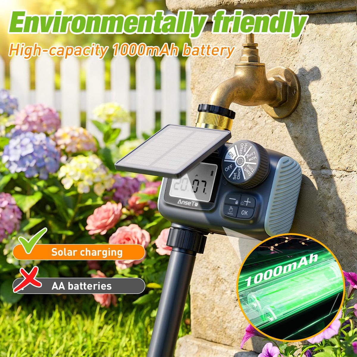 AnseTo solar sprinkler timer digital display clearly shows next watering time.