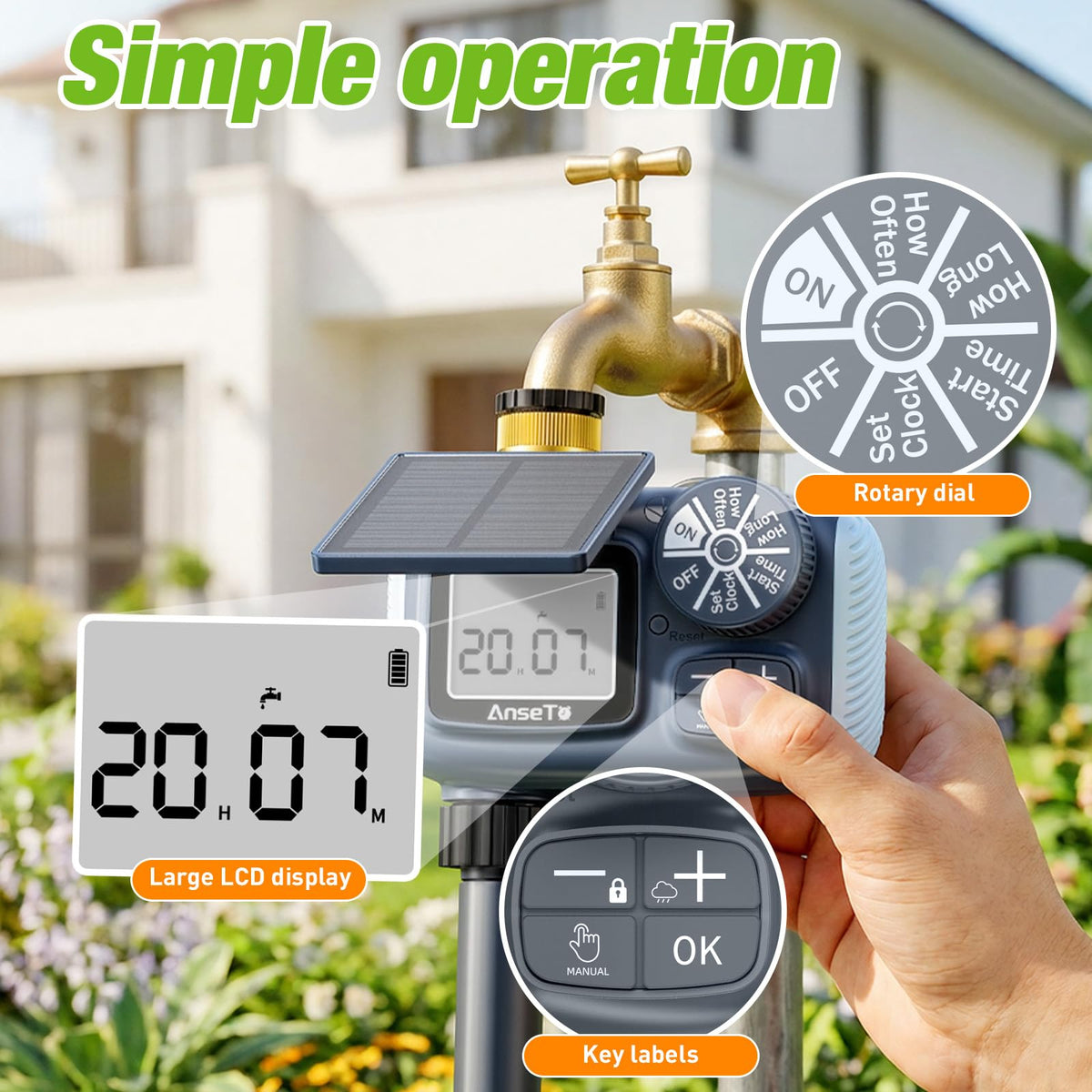 AnseTo timer with durable ABS housing and UV coating for outdoors.