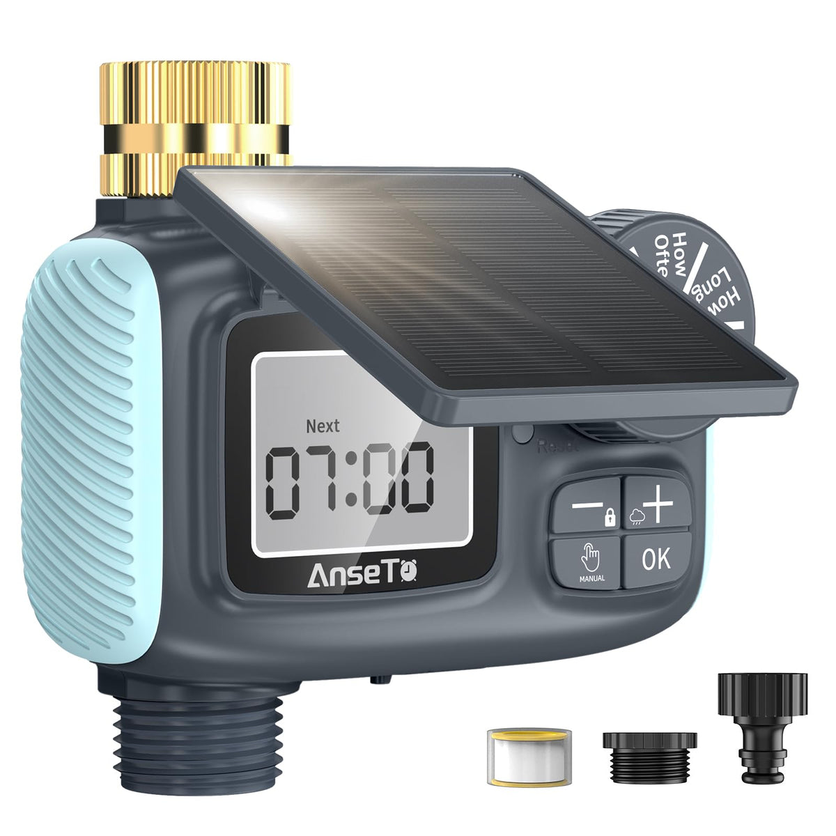 AnseTo solar sprinkler timer front view for easy lawn watering.