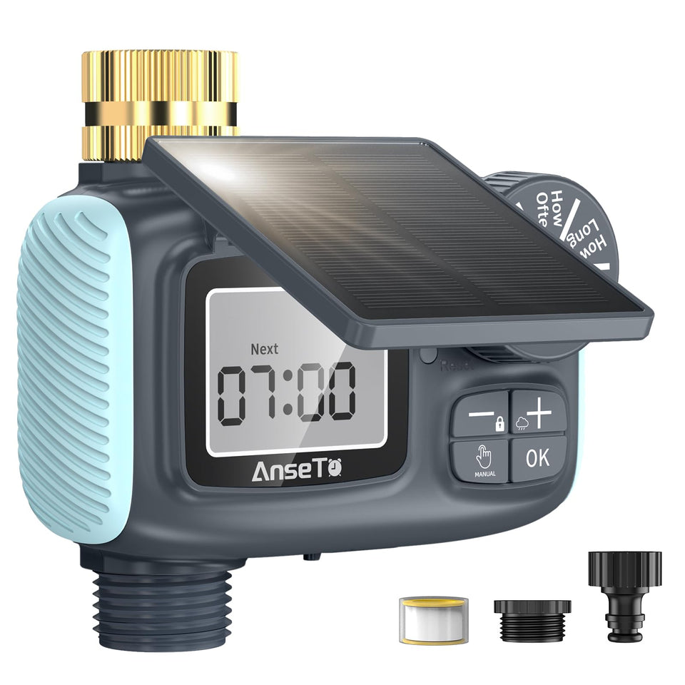AnseTo solar sprinkler timer front view for easy lawn watering.