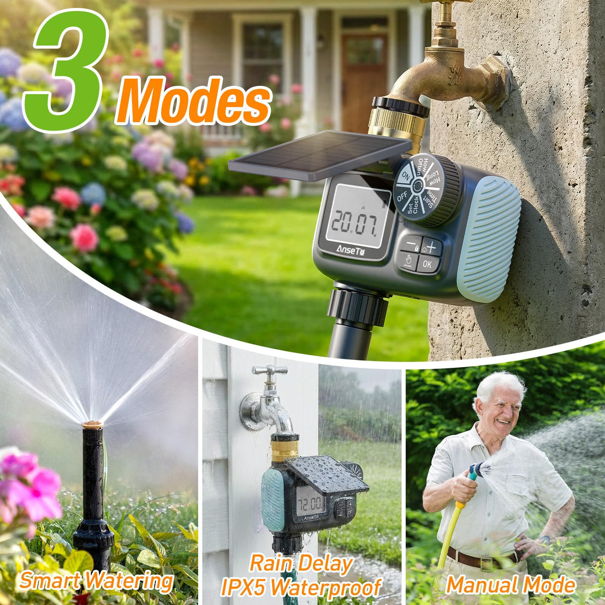 AnseTo timer in garden use powering drip irrigation and sprinklers.
