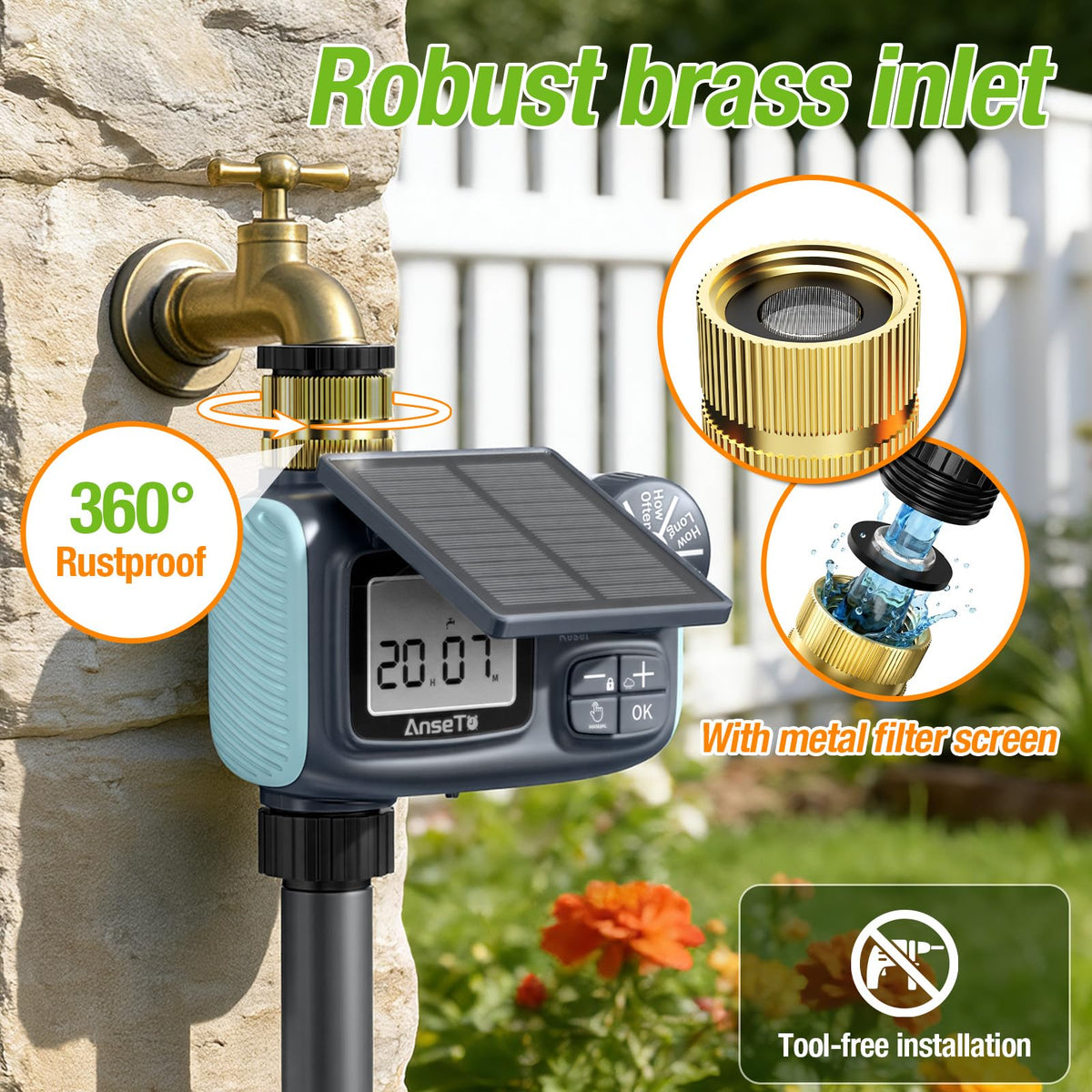 AnseTo timer installed on outdoor faucet for seamless irrigation setup.