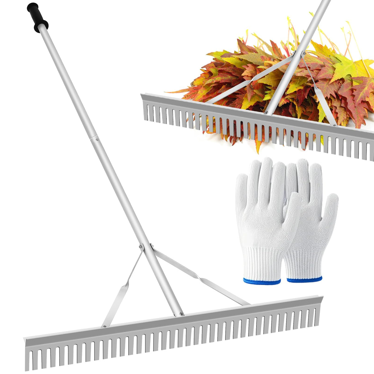 Ansgery Aluminum Landscape Rake 36-inch head for fast soil leveling and debris gathering.