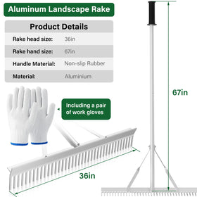 Ansgery Aluminum Landscape Rake 67-inch handle provides extended reach for large areas.