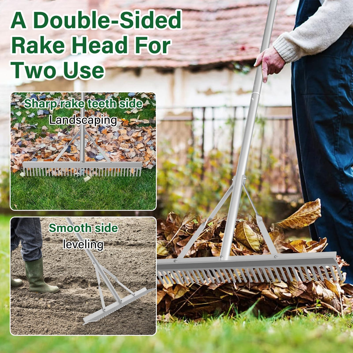 Ansgery rake handle assembly enables quick setup and compact storage.