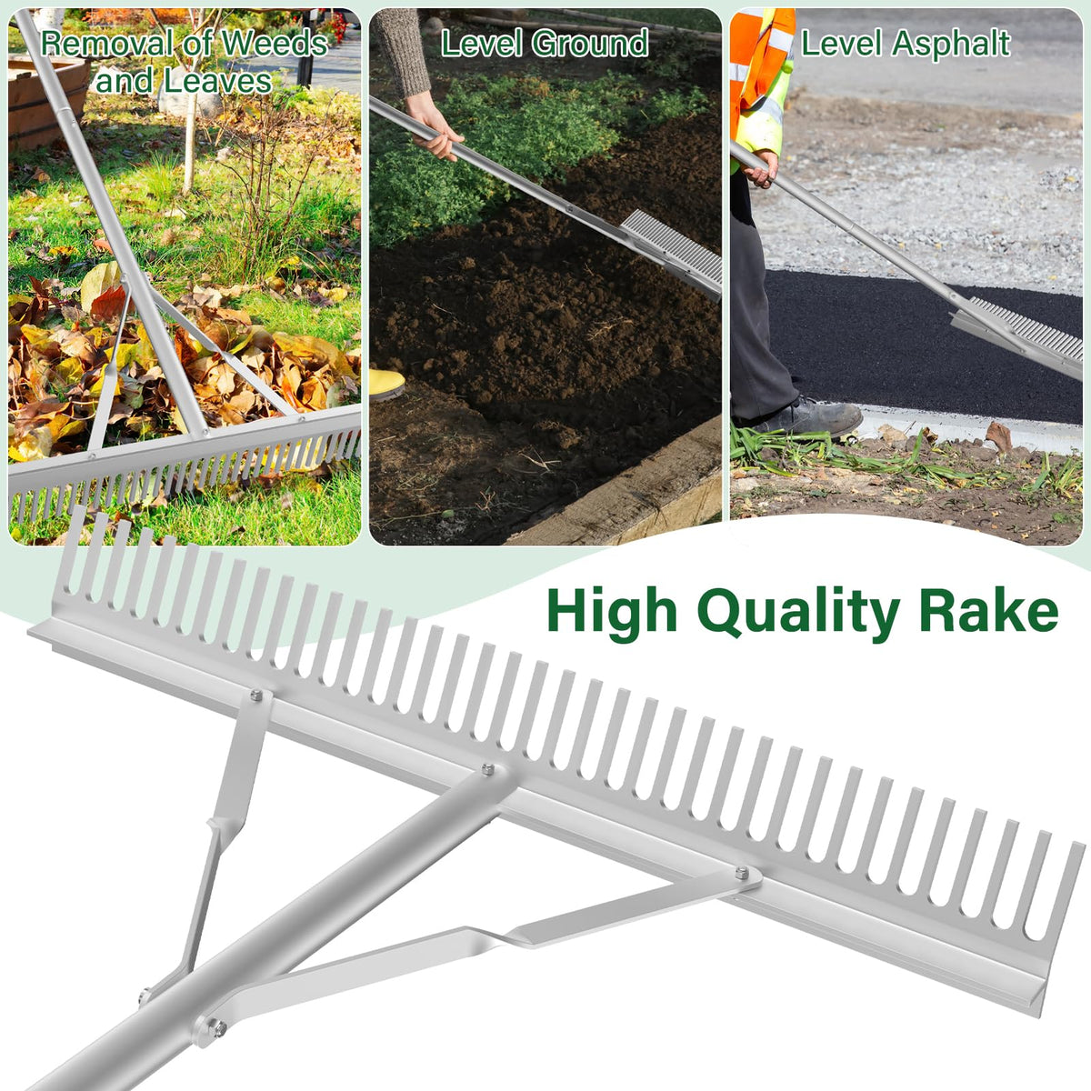 Ansgery landscape rake with reinforced connections stays stable during use.