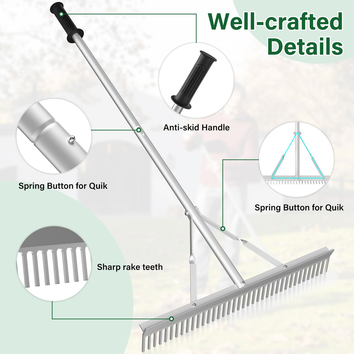 Ansgery landscape rake teeth side in use for weeds and leaves efficiently.