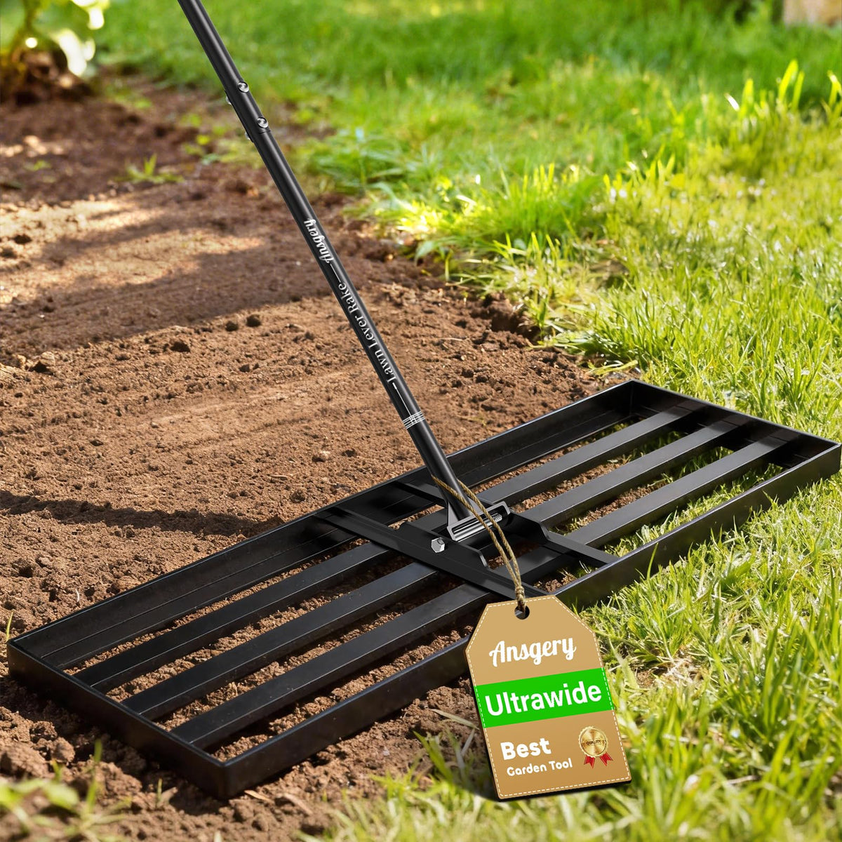 Ansgery lawn leveling rake head with wide 36x12 inch coverage for quick smoothing.