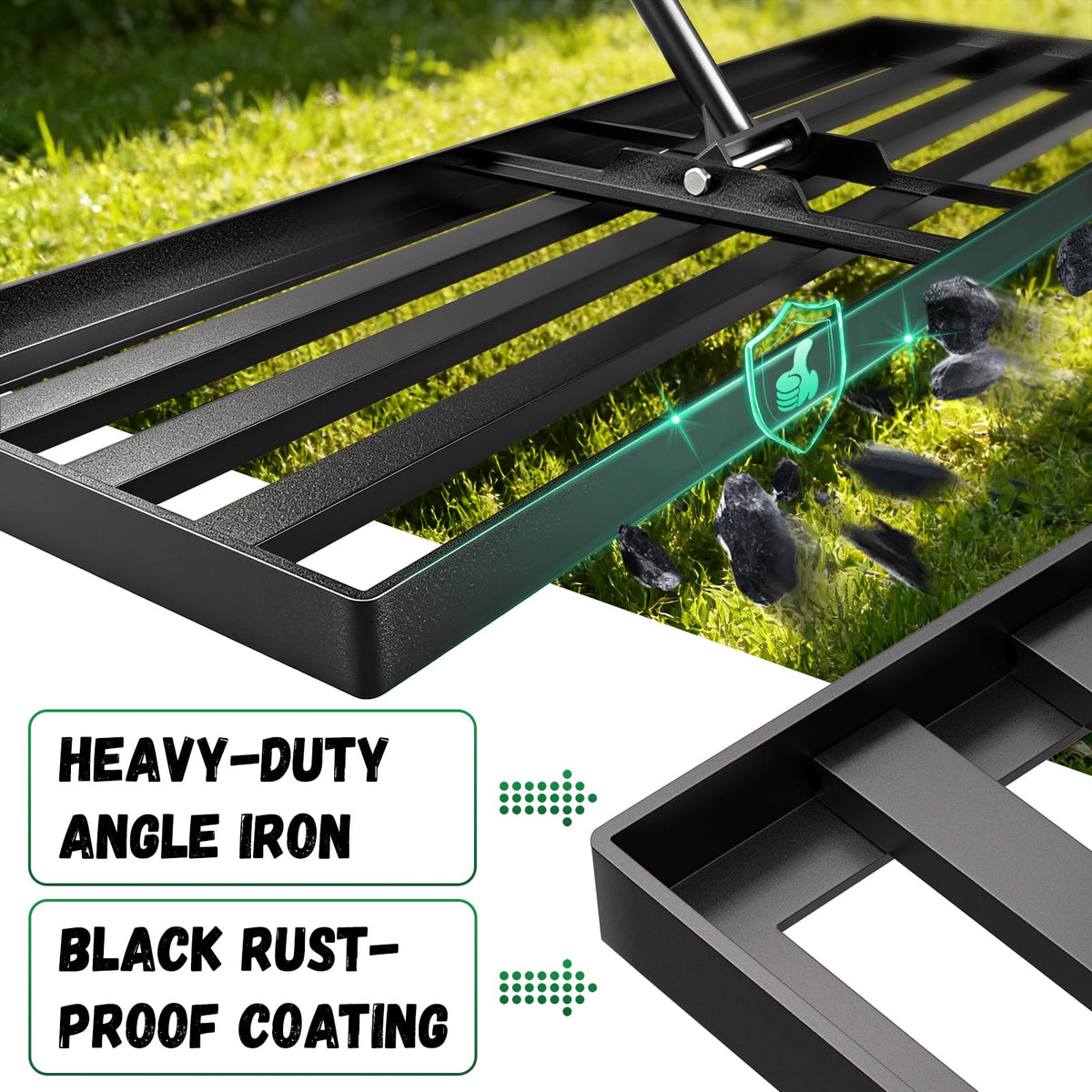 Ansgery rake features a 78-inch handle to reduce bending during leveling.