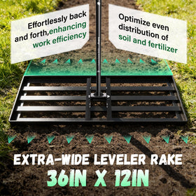 Ansgery lawn leveling rake assembly shown for quick setup time.
