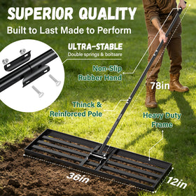 Ansgery rake in use on lawn helps level soil smoothly and evenly.