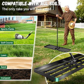 Ansgery rake with wide coverage reduces work time across turf.