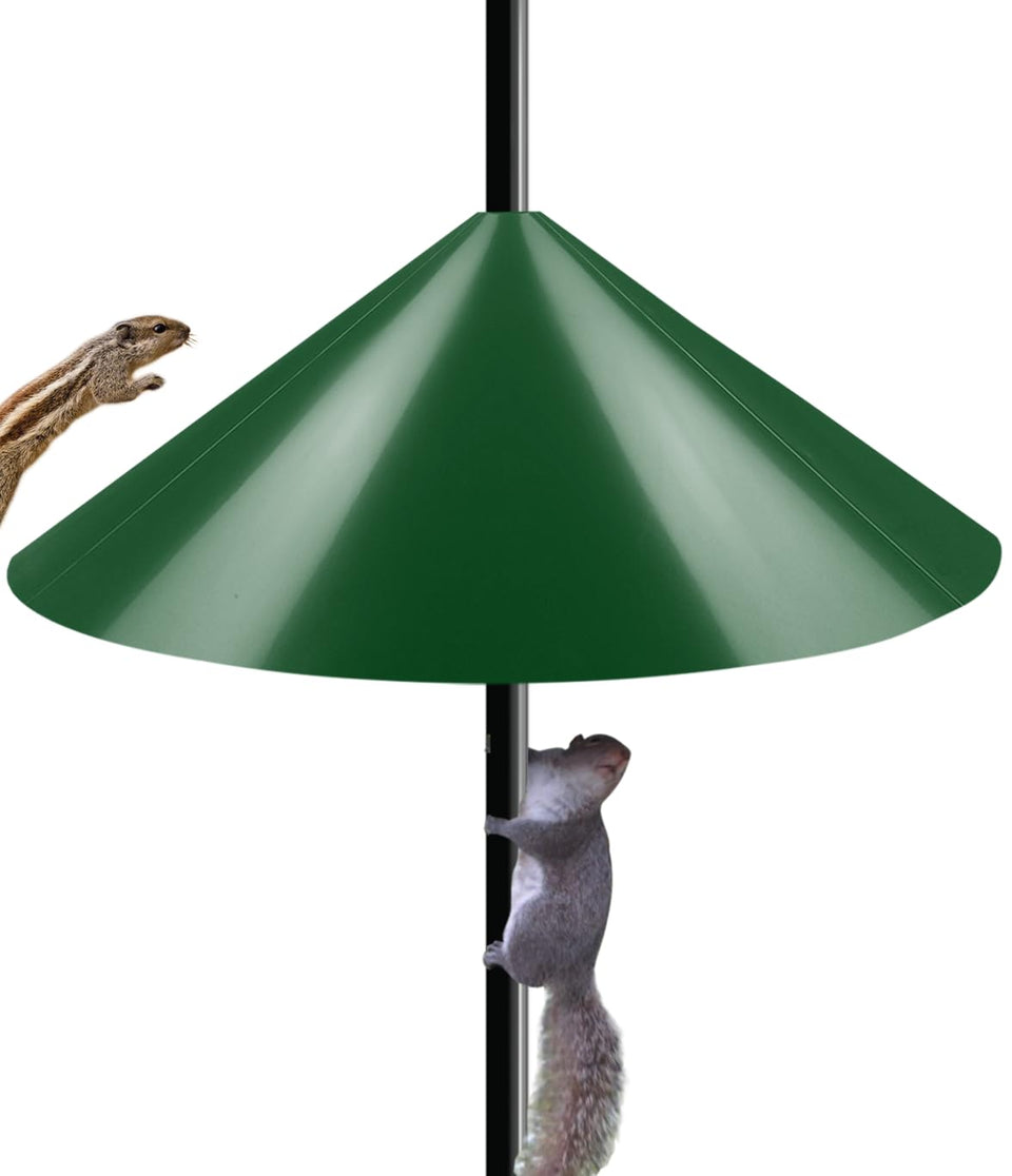 Ansionsol 19-inch squirrel baffle on a bird feeder pole protects seed from persistent squirrels.