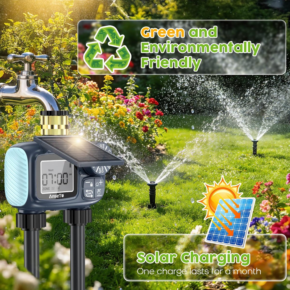 AnseTo brass inlet hose timer for durable outdoor use and leak resistance.