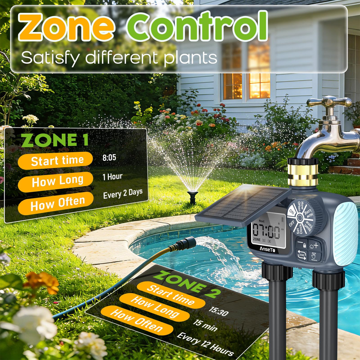 AnseTo solar timer with IP55 waterproof rating for rain or shine outdoor watering.