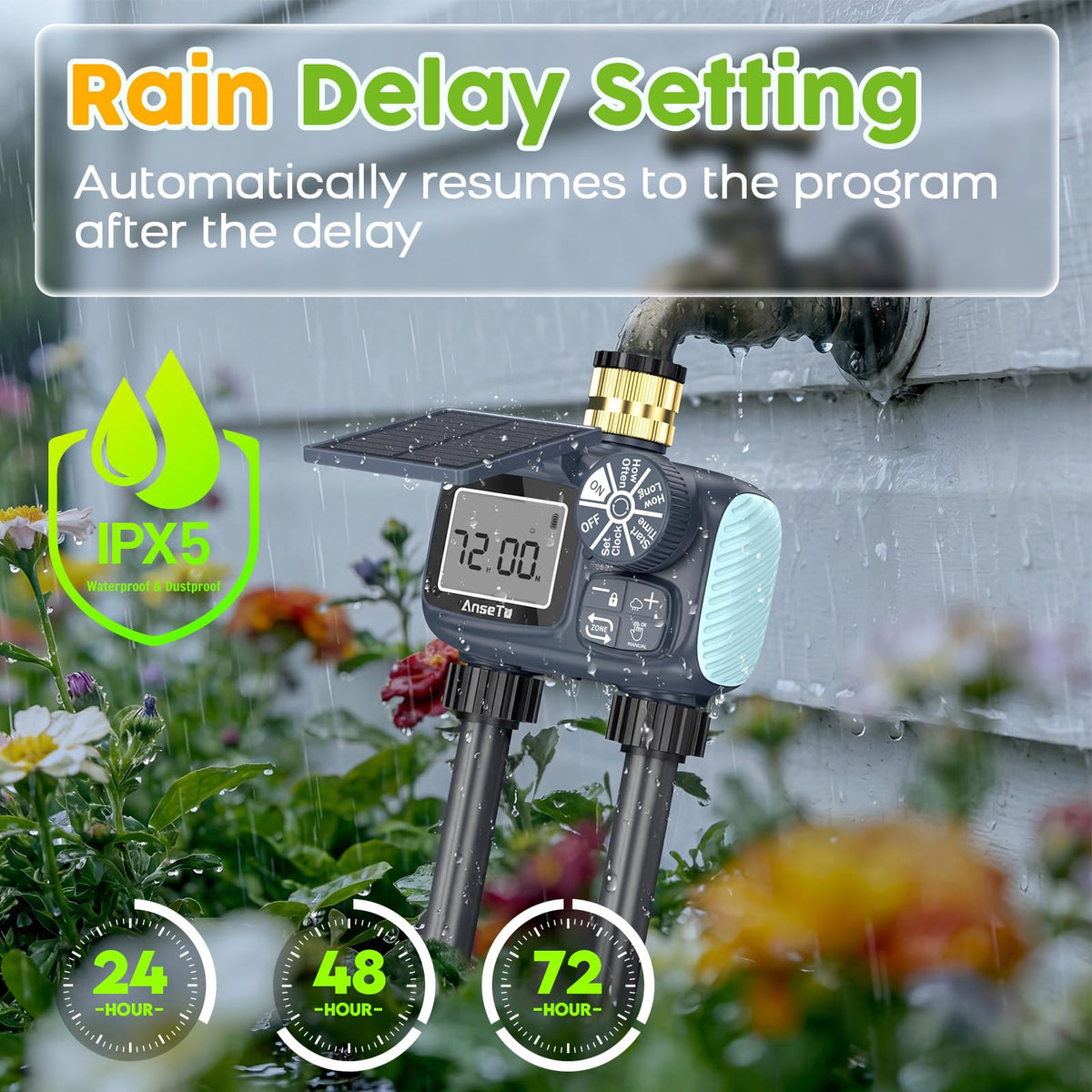 AnseTo rain-delay timer helps prevent overwatering after rain.